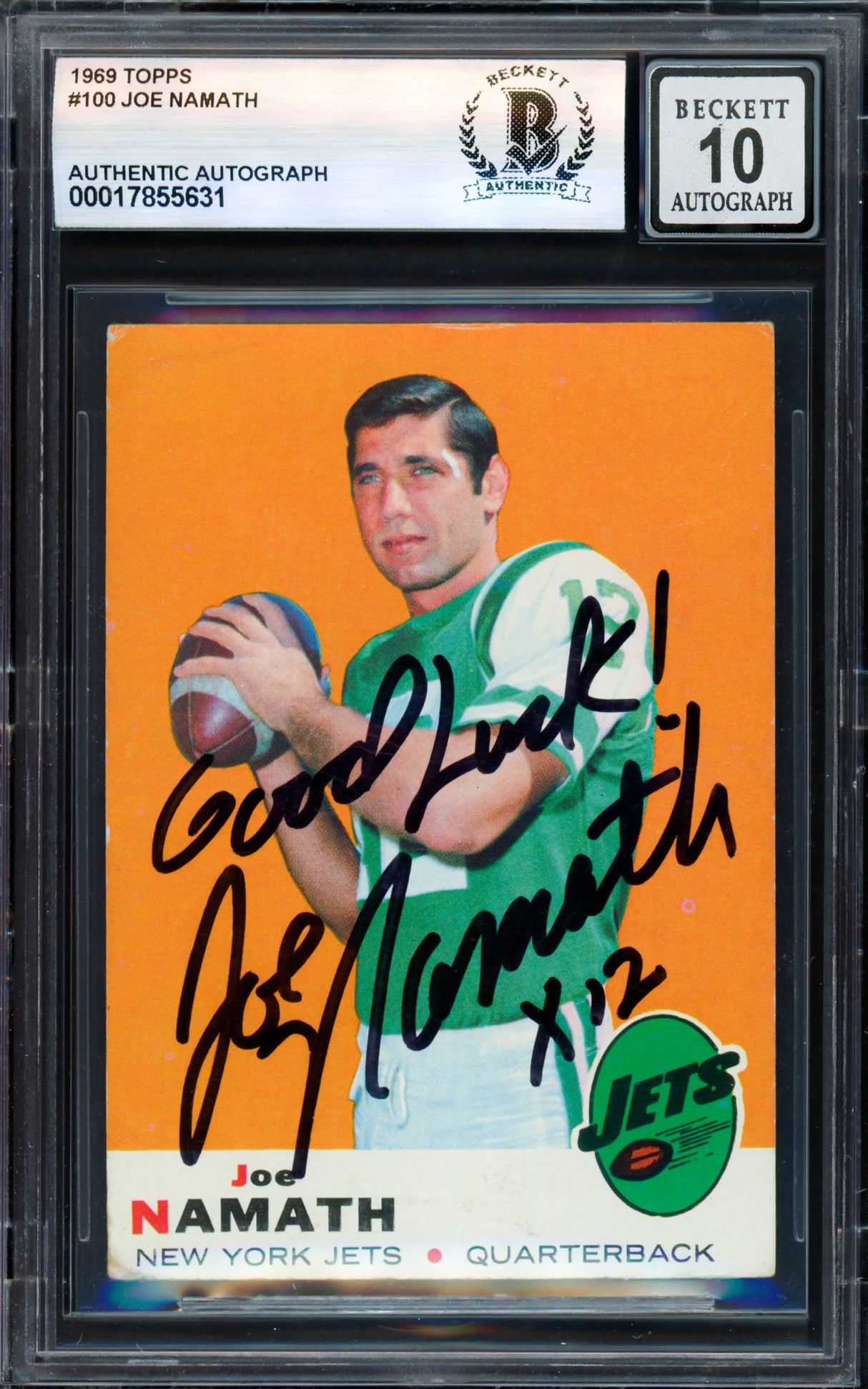 Joe Namath Autographed 1969 Topps Card #100 New York Jets Auto Grade Gem Mint 10 Beckett BAS #17855631