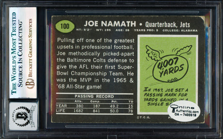 Joe Namath Autographed 1969 Topps Card #100 New York Jets Auto Grade Gem Mint 10 Beckett BAS #17855631