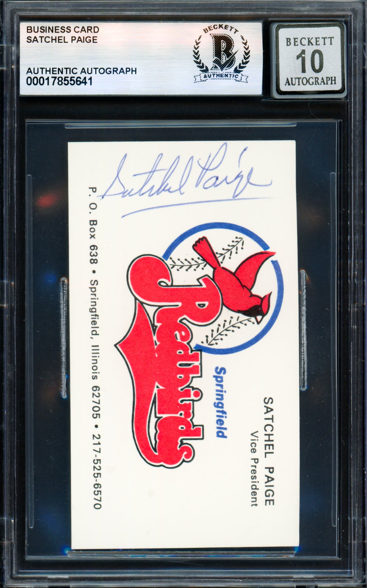 Satchel Paige Autographed Business Card Springfield Redbirds Auto Grade Gem Mint 10 Beckett BAS #17855641
