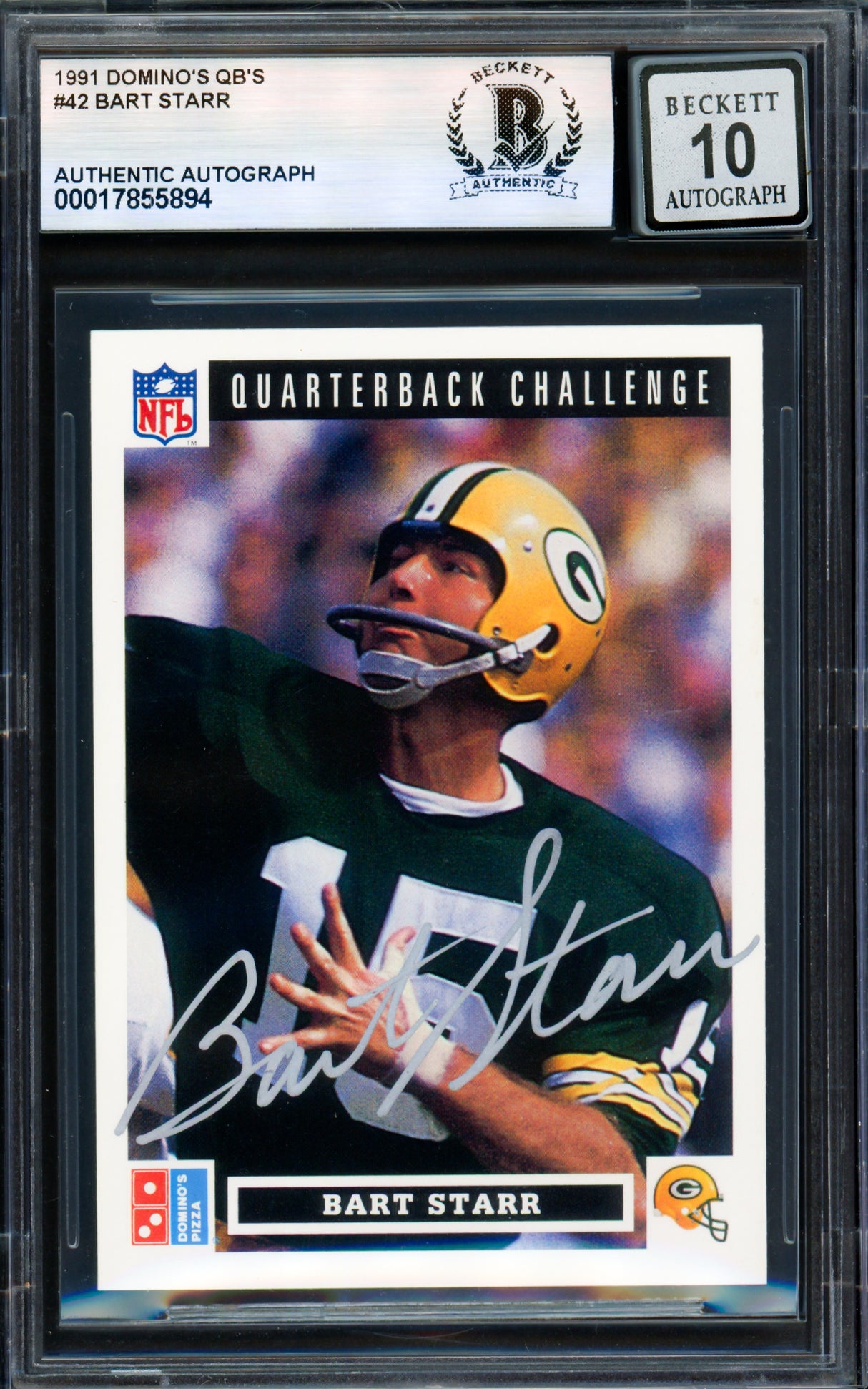Bart Starr Autographed 1991 Upper Deck Domino's Card #42 Green Bay Packers Auto Grade Gem Mint 10 Beckett BAS #17855894