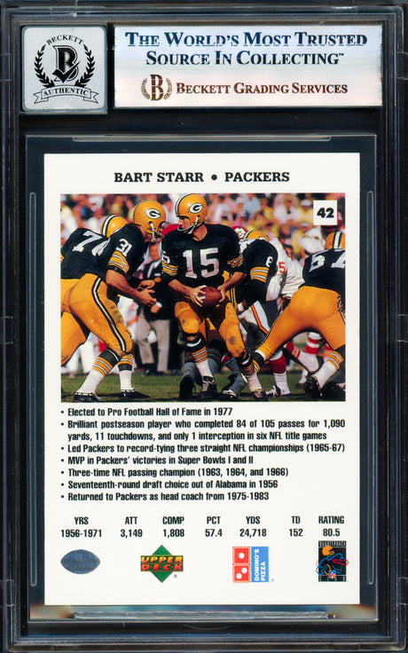 Bart Starr Autographed 1991 Upper Deck Domino's Card #42 Green Bay Packers Auto Grade Gem Mint 10 Beckett BAS #17855894