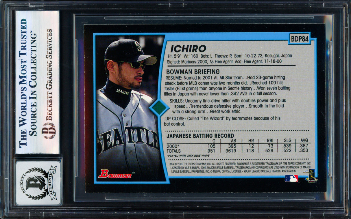 Ichiro Suzuki Autographed 2001 Bowman Draft Picks Card #BDP84 Seattle Mariners Auto Grade Gem Mint 10 Beckett BAS #17855913