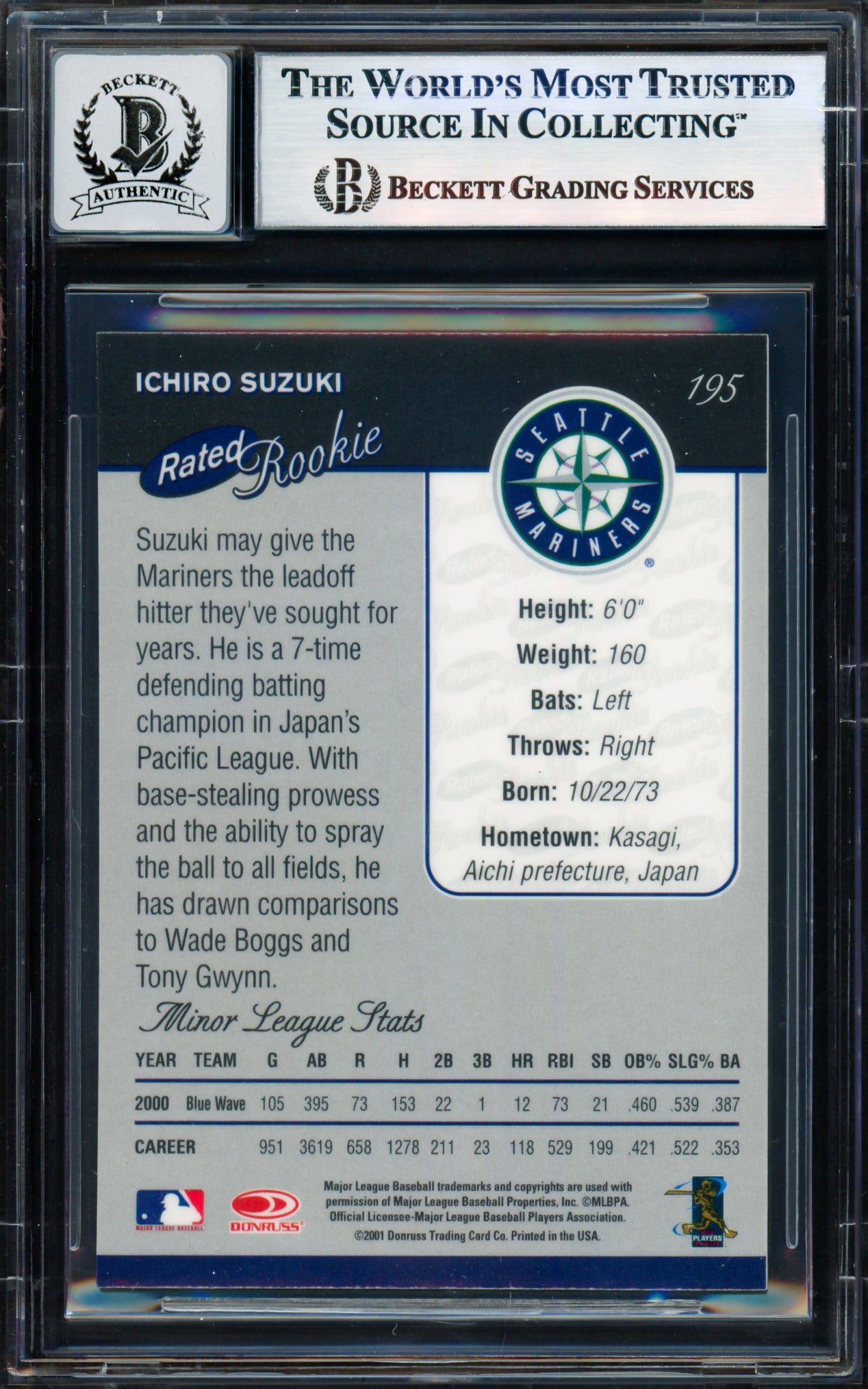 Ichiro Suzuki Autographed 2001 Donruss Baseball's Best Silver Card #195 Seattle Mariners Auto Grade Gem Mint 10 Beckett BAS #17855934