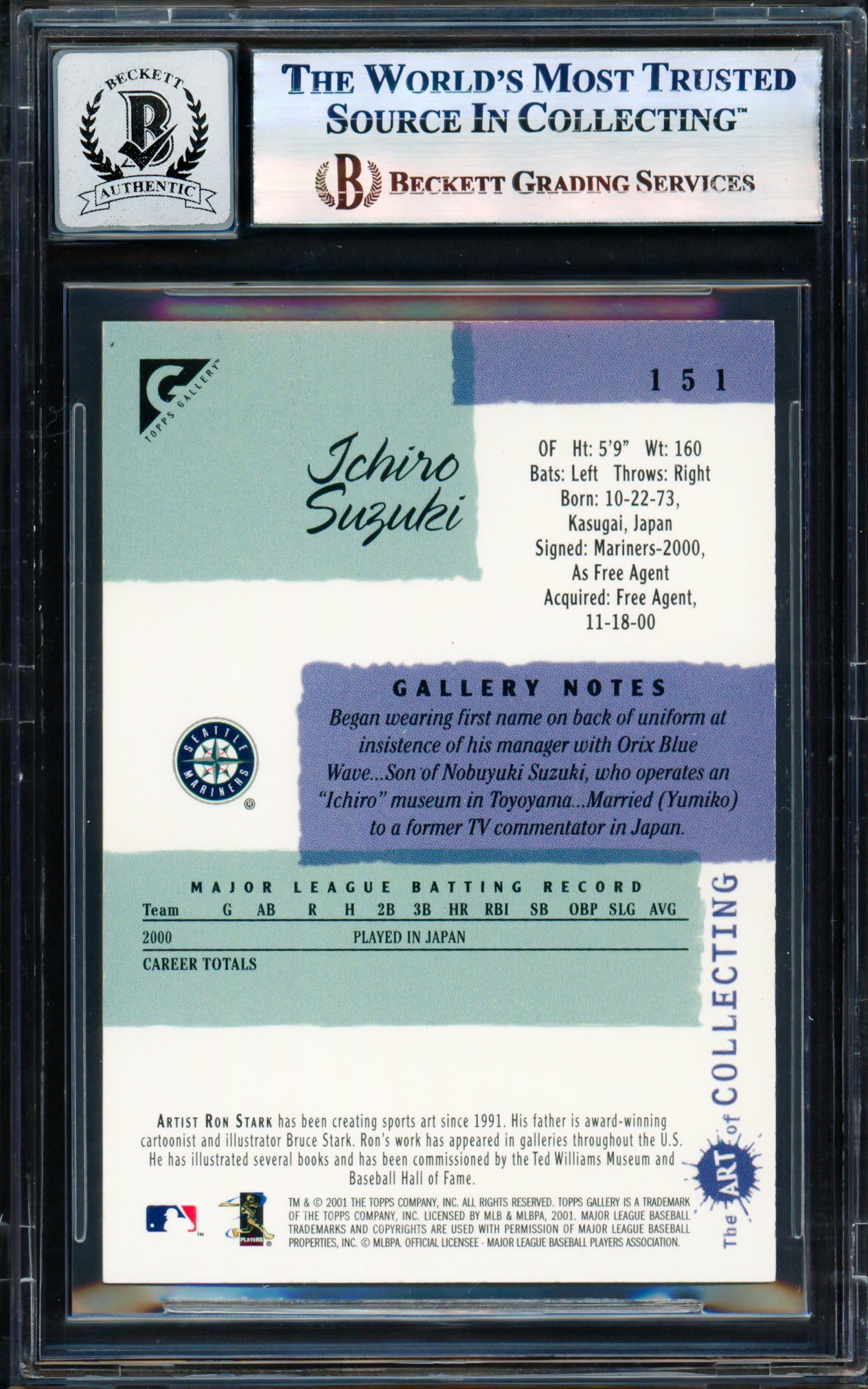 Ichiro Suzuki Autographed 2001 Topps Gallery Card #151 Seattle Mariners Auto Grade Gem Mint 10 Beckett BAS #17855969