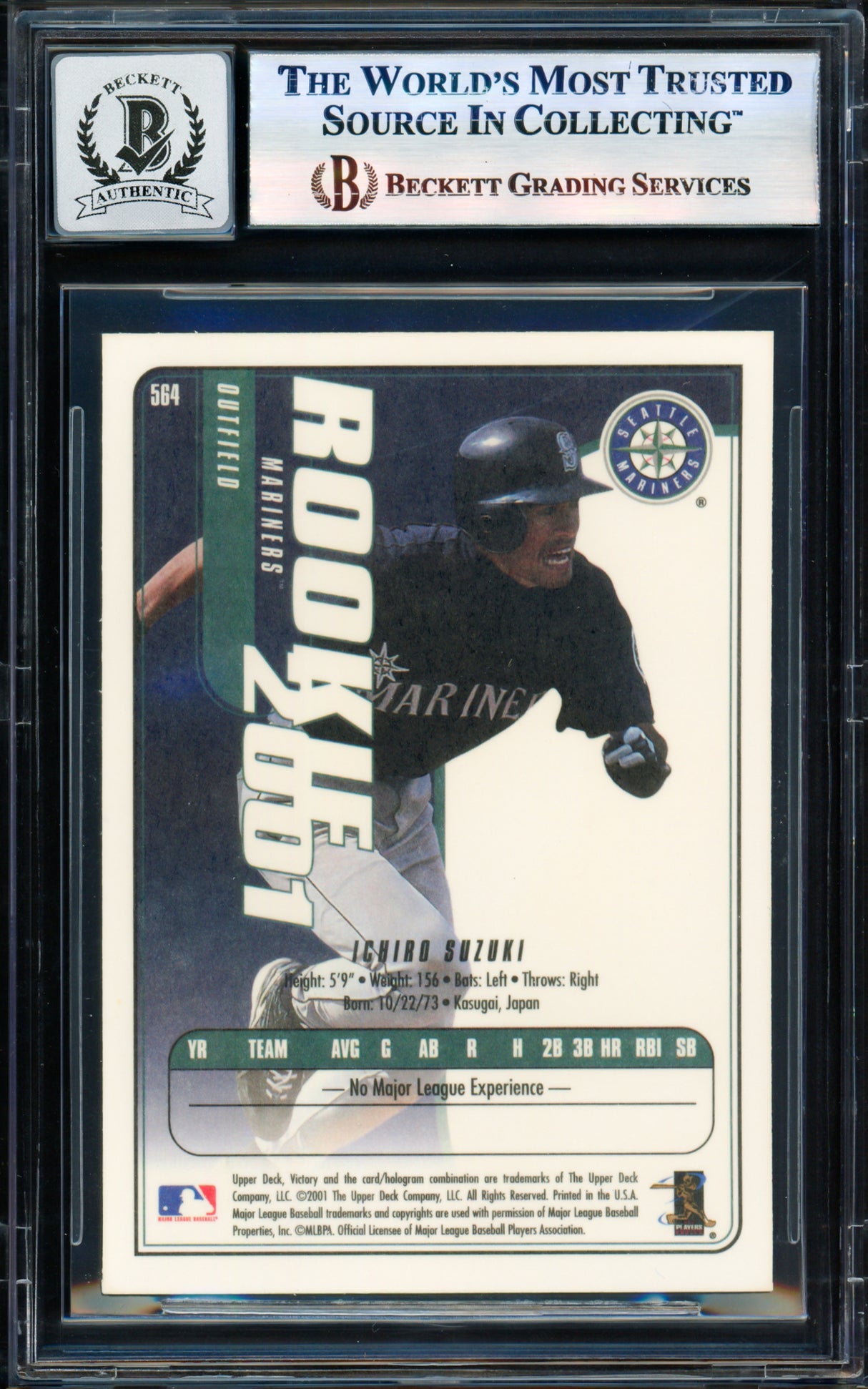Ichiro Suzuki Autographed 2001 Upper Deck Victory Card #564 Seattle Mariners Auto Grade Gem Mint 10 Beckett BAS #17855999