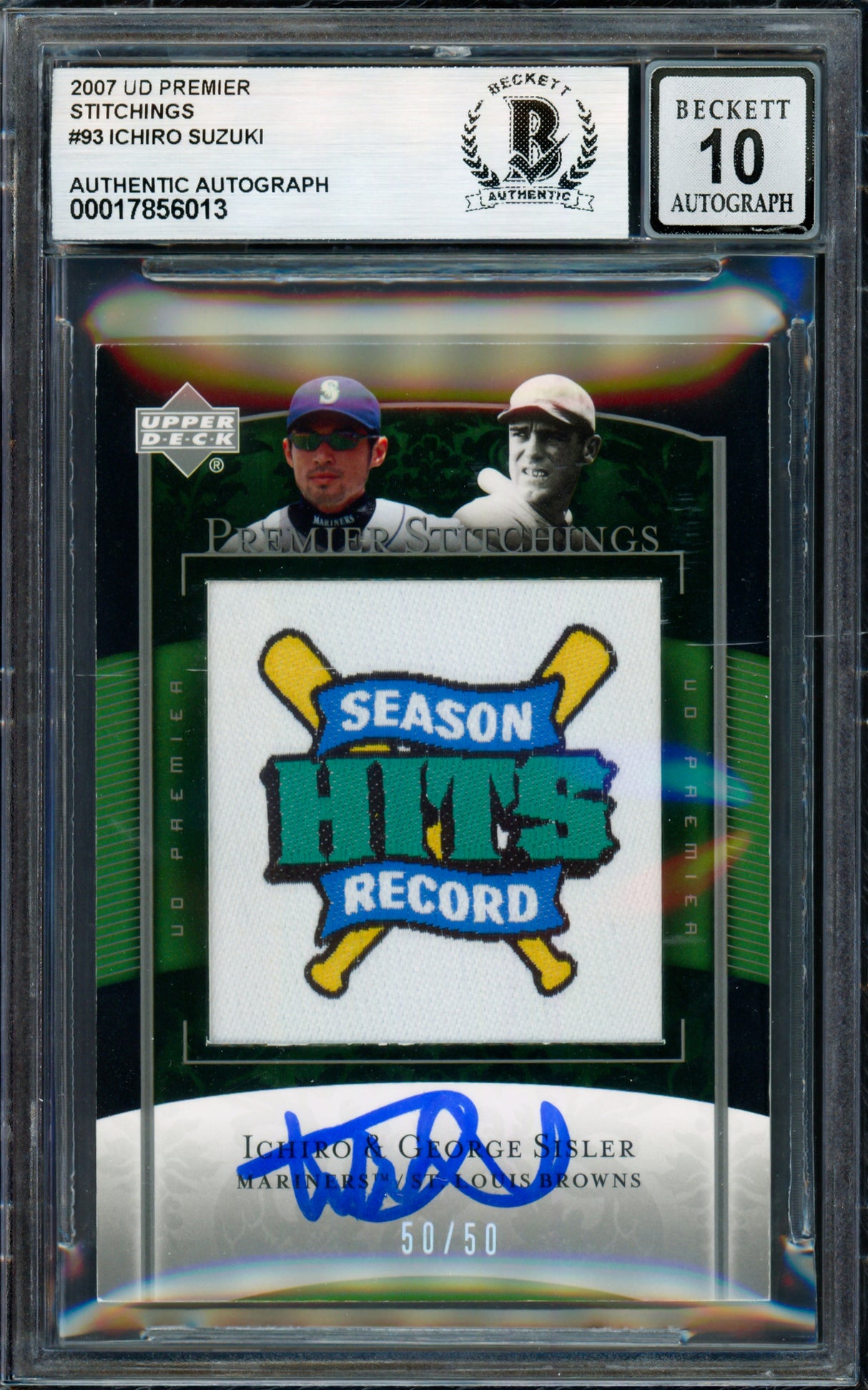 Ichiro Suzuki Autographed 2007 UD Premier Stitching's Card #PS-93 Seattle Mariners Auto Grade Gem Mint 10 Beckett BAS #17856013