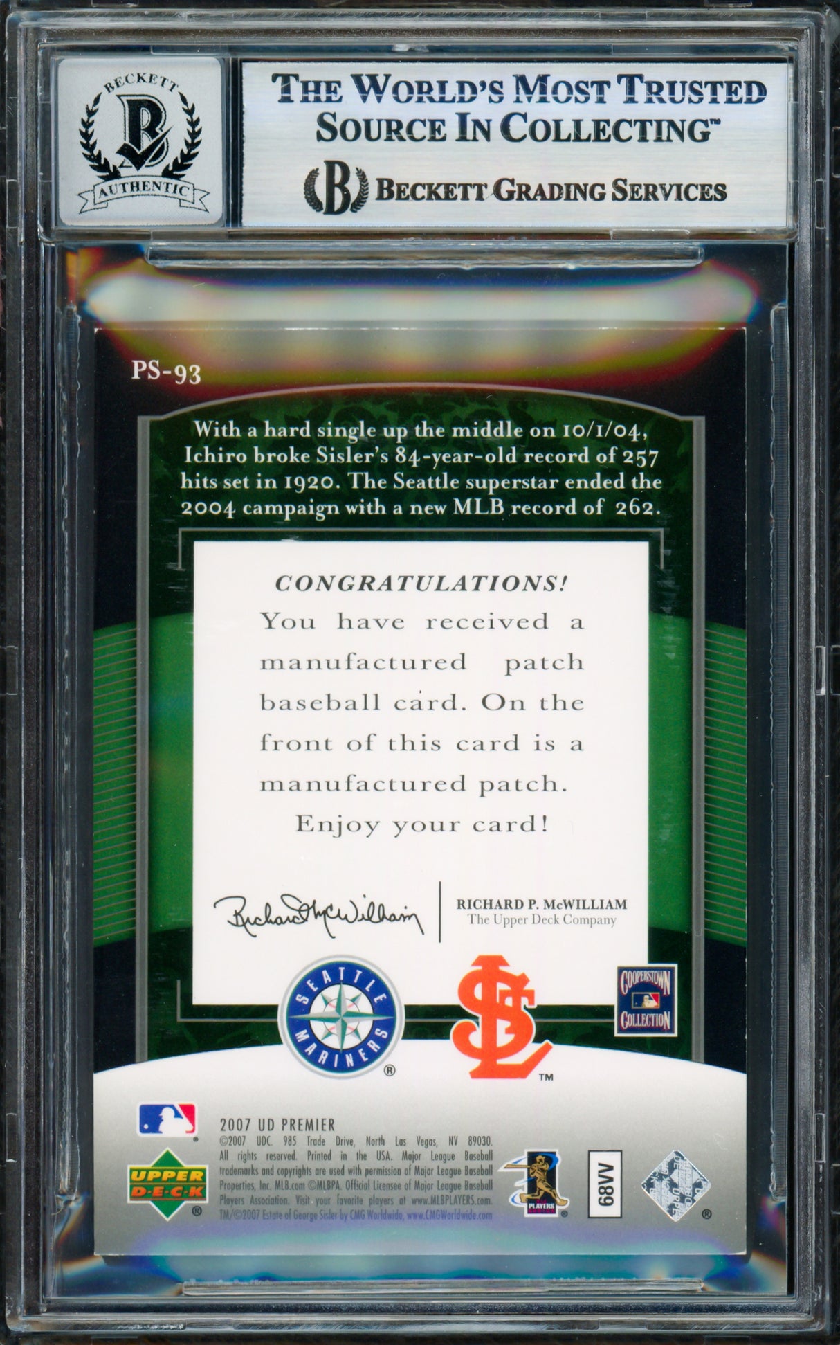 Ichiro Suzuki Autographed 2007 UD Premier Stitching's Card #PS-93 Seattle Mariners Auto Grade Gem Mint 10 Beckett BAS #17856013