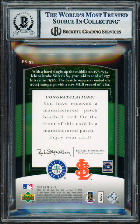 Ichiro Suzuki Autographed 2007 UD Premier Stitching's Card #PS-93 Seattle Mariners Auto Grade Gem Mint 10 Beckett BAS #17856013