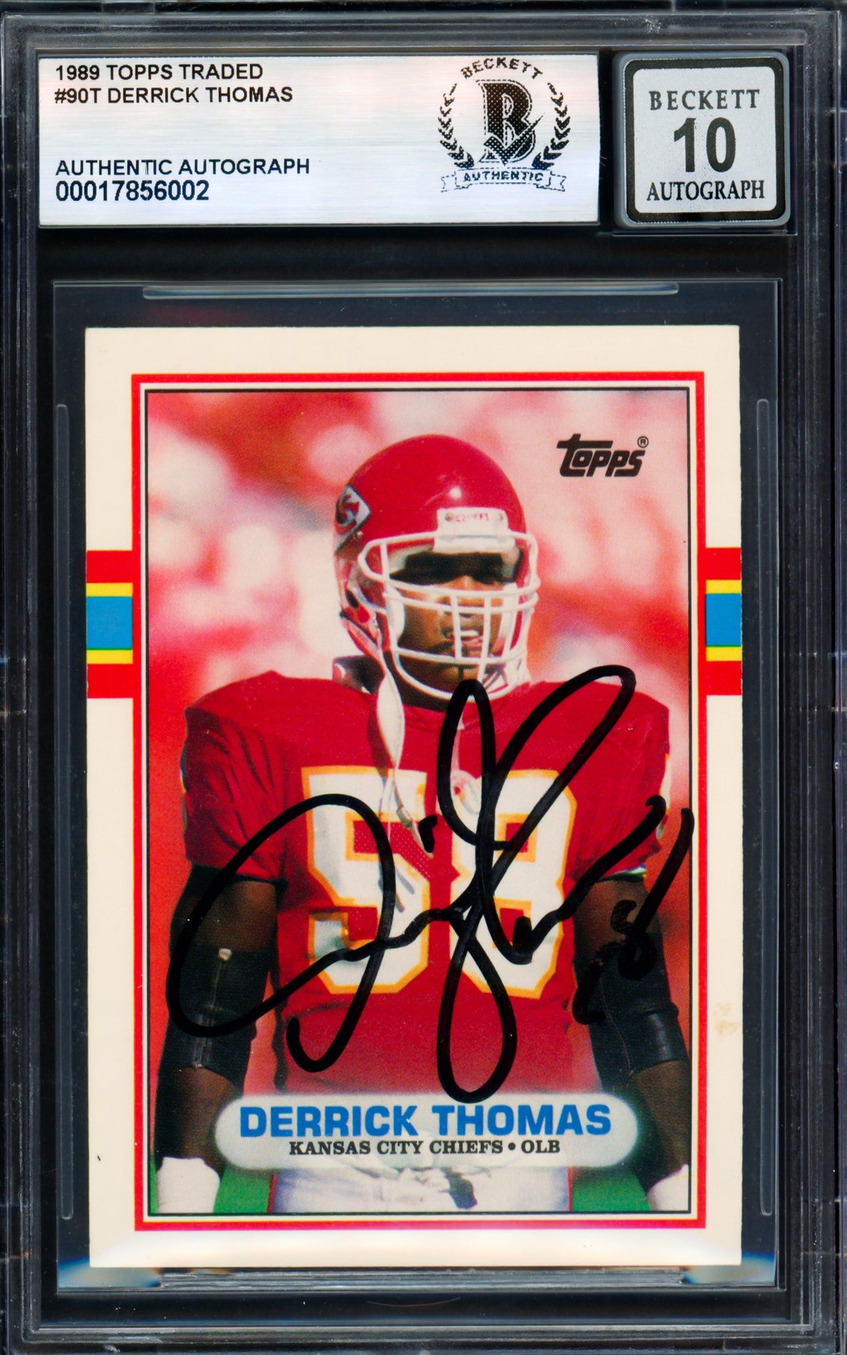 Derrick Thomas Autographed 1989 Topps Traded Card #90T Kansas City Chiefs Auto Grade Gem Mint 10 Beckett BAS #17856002