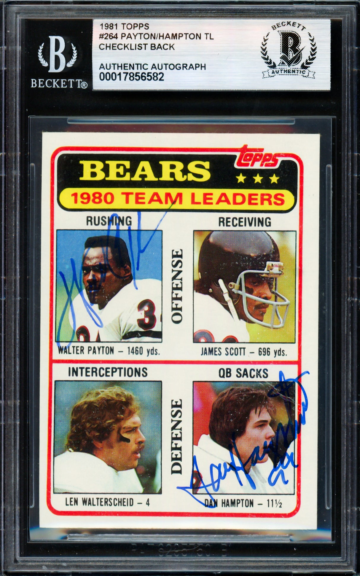 Walter Payton & Dan Hampton Autographed 1981 Topps Card #264 Chicago Bears Beckett BAS #17856582