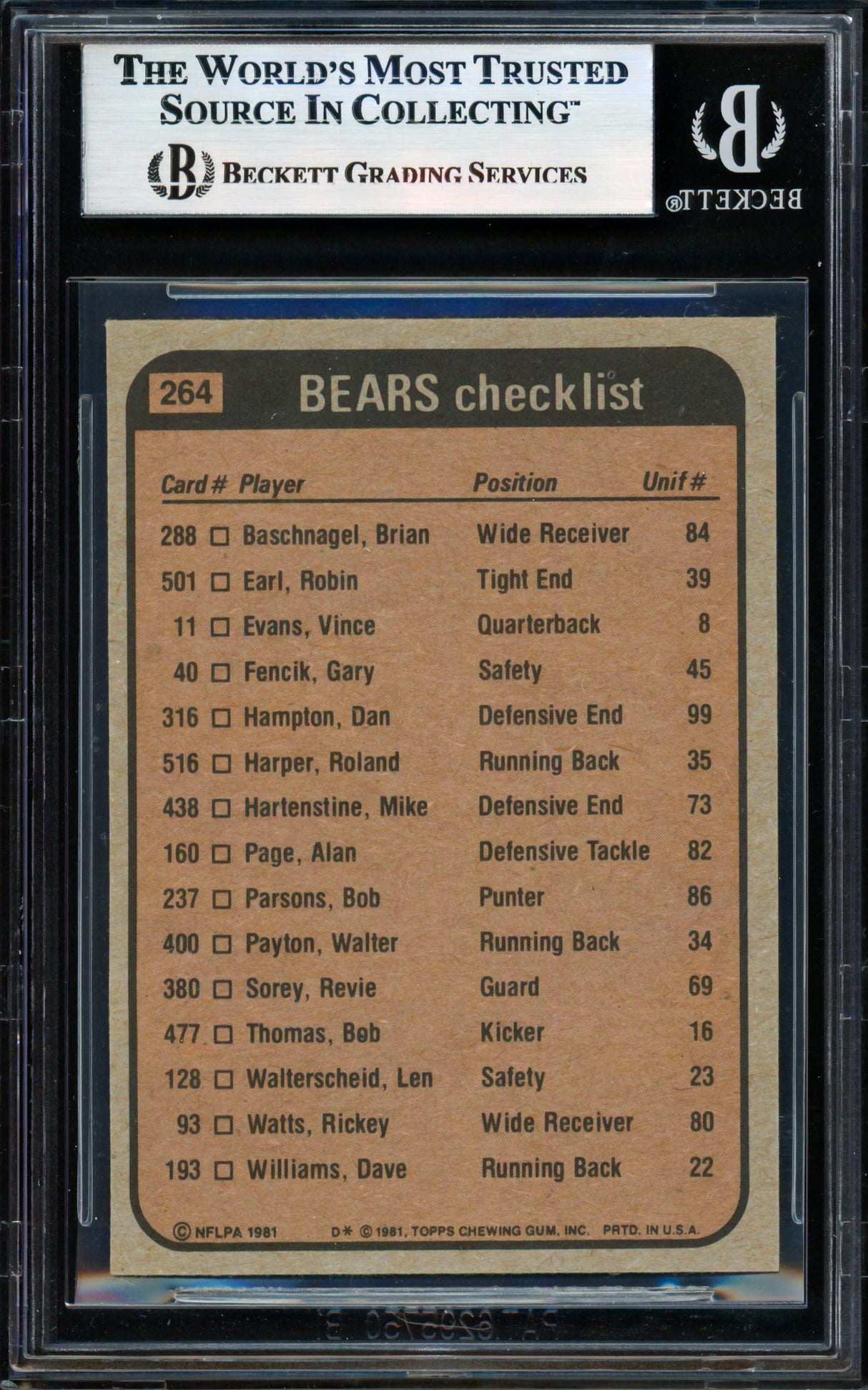 Walter Payton & Dan Hampton Autographed 1981 Topps Card #264 Chicago Bears Beckett BAS #17856582