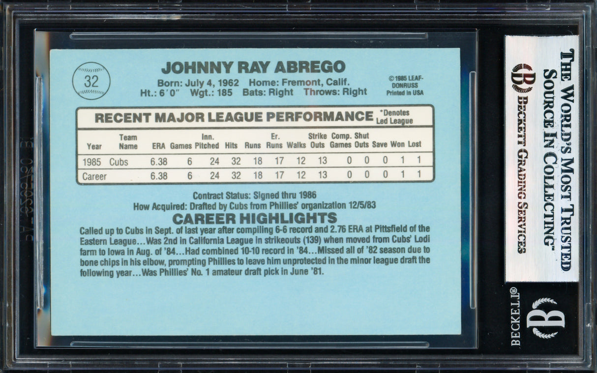 Johnny Abrego Autographed 1986 Donruss Rookie Card #32 Chicago Cubs Beckett BAS #17856352