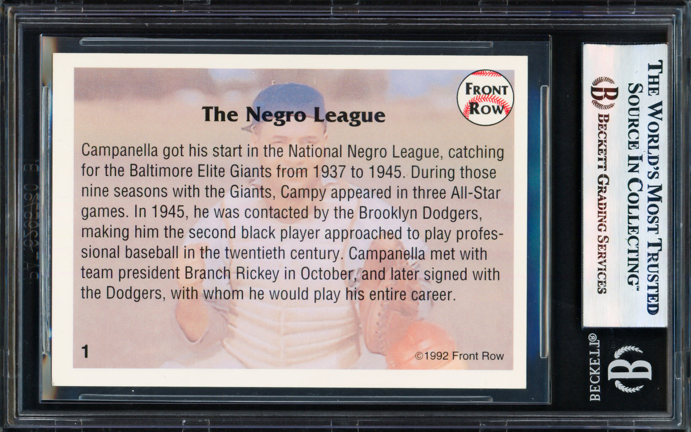 Roy Campanella Autographed 1992 Front Row Card #1 Brooklyn Dodgers Beckett BAS #17856379