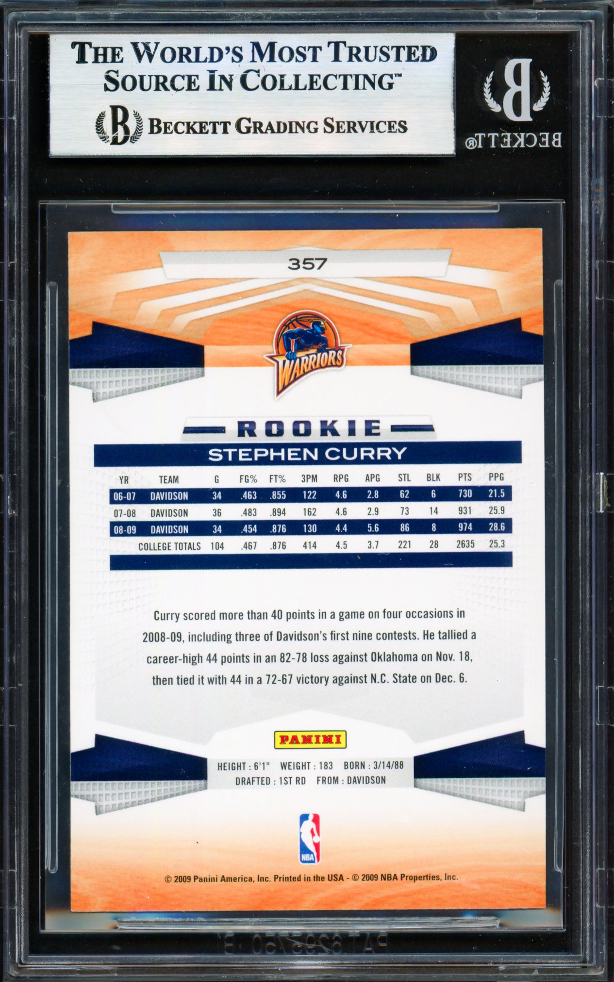 Stephen Curry Autographed 2009-10 Panini Rookie Card #357 Golden State Warriors Beckett BAS #17856629