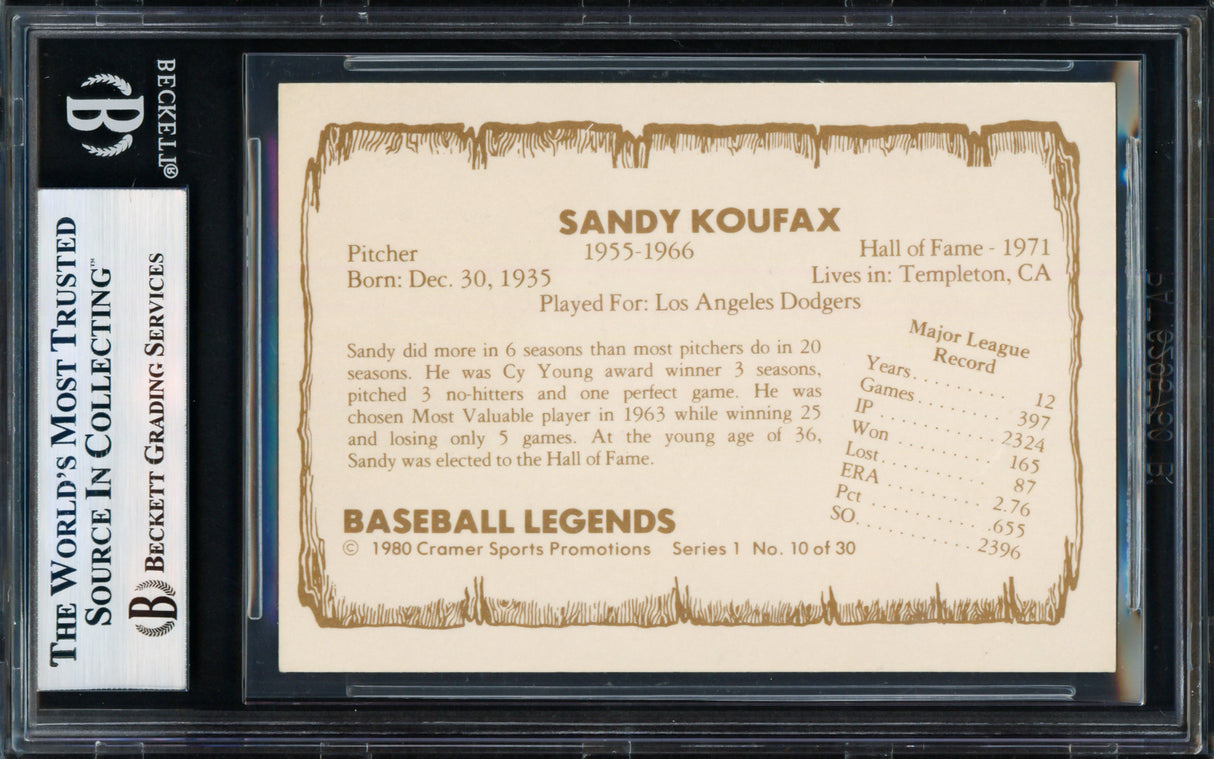 Sandy Koufax Autographed 1980 Pacific Card #10 Los Angeles Dodgers Beckett BAS #17856284
