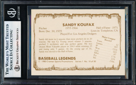 Sandy Koufax Autographed 1980 Pacific Card #10 Los Angeles Dodgers Beckett BAS #17856284