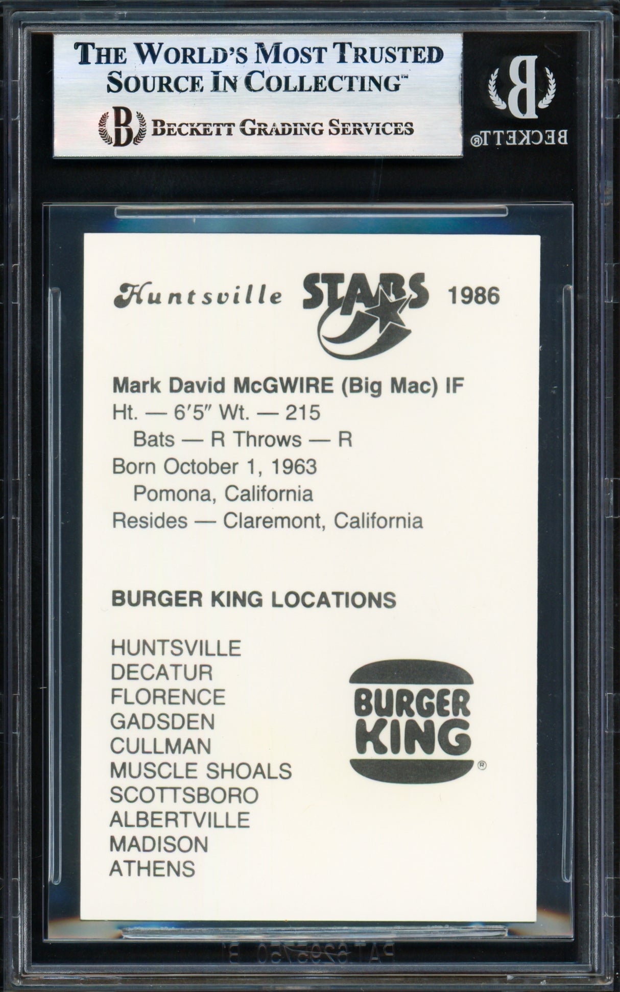 Mark McGwire Autographed 1986 Huntsville Stars Rookie Card #33 Oakland A's Beckett BAS #17856401