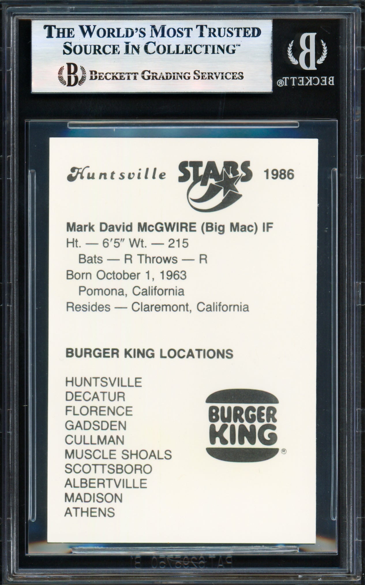 Mark McGwire Autographed 1986 Huntsville Stars Rookie Card #33 Oakland A's Beckett BAS #17856401