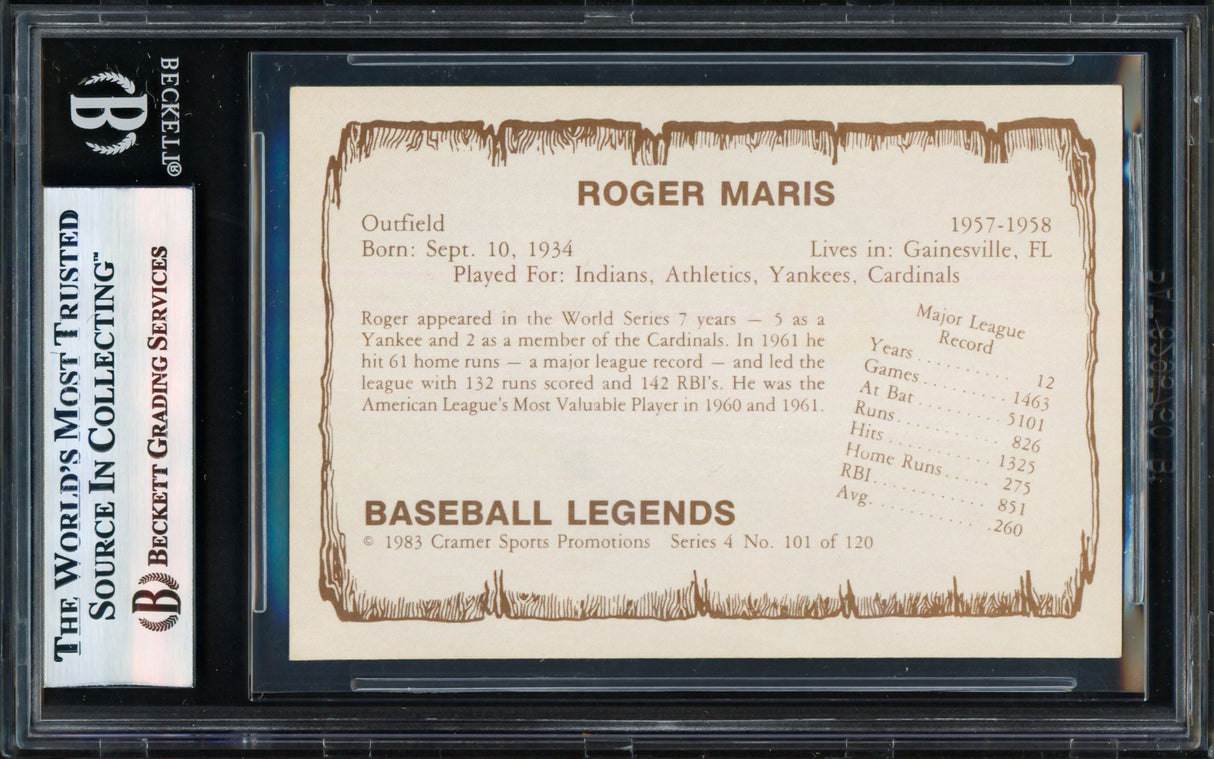Roger Maris Autographed 1983 Pacific Baseball Legends Card #101 Kansas City A's Beckett BAS #17856402