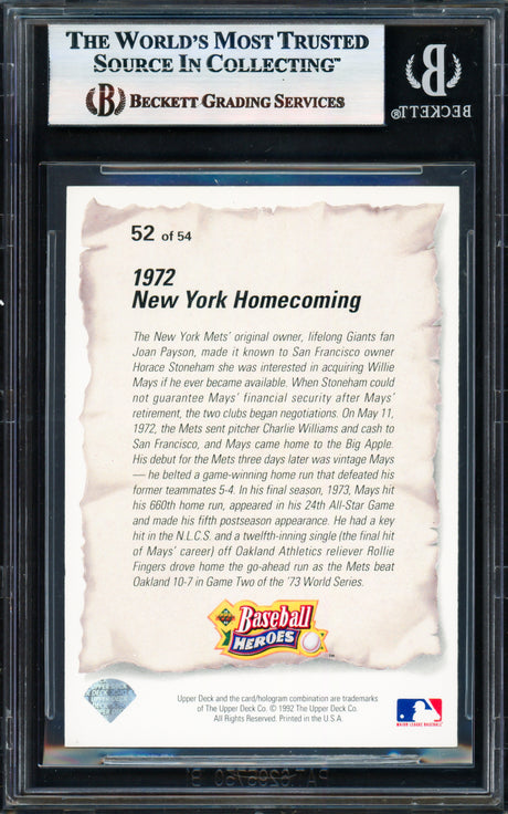 Willie Mays Autographed 1992 Upper Deck Heroes Card #52 New York Mets Beckett BAS #17856408