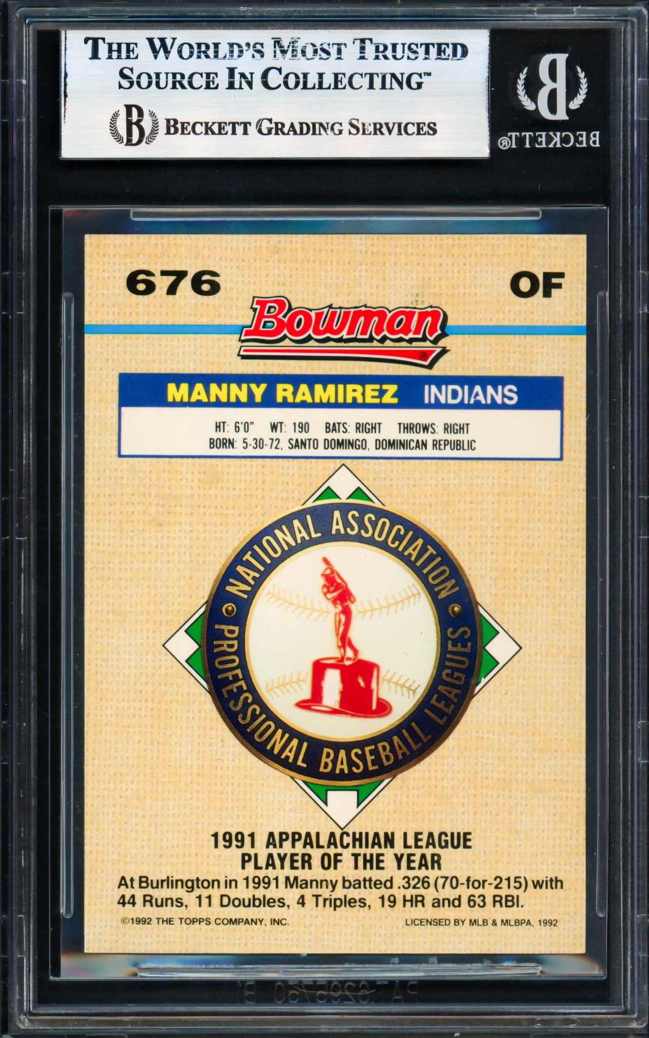 Manny Ramirez Autographed 1992 Bowman Gold Foil Rookie Card #676 Cleveland Indians Beckett BAS #17856428