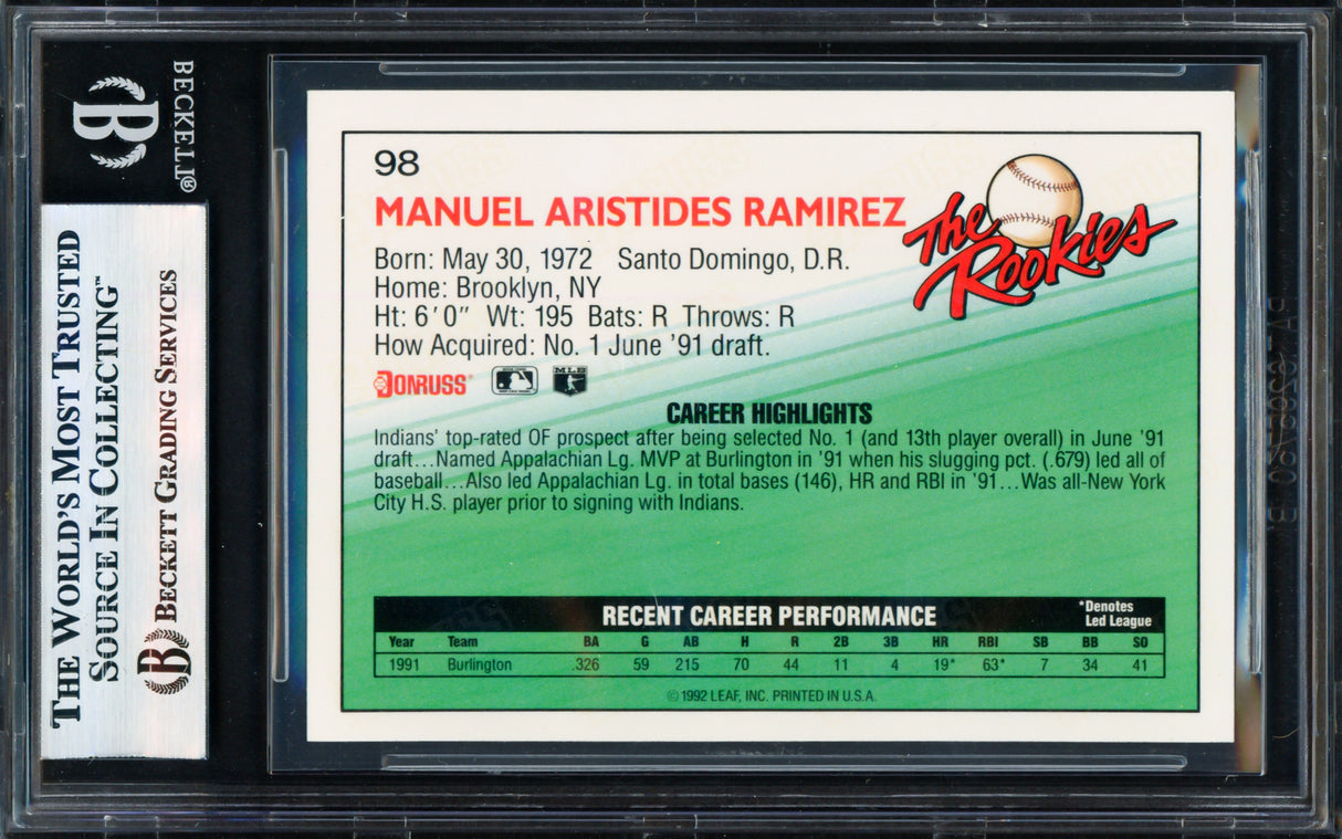 Manny Ramirez Autographed 1992 Donruss The Rookies Rookie Card #98 Cleveland Indians Beckett BAS #17856441
