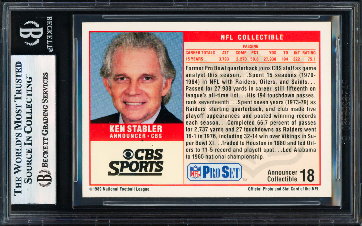 Ken Stabler Autographed 1989 Pro Set Card #18 Oakland Raiders Beckett BAS #17856505