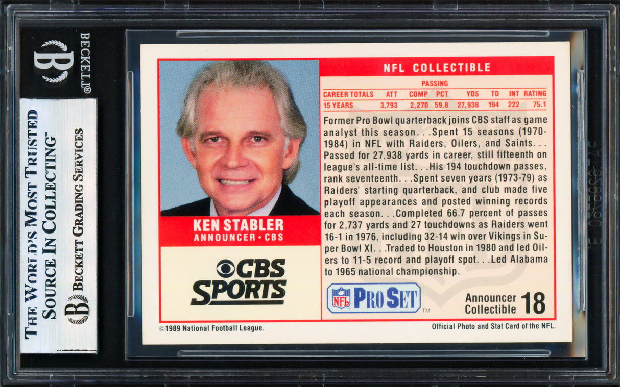 Ken Stabler Autographed 1989 Pro Set Card #18 Oakland Raiders Beckett BAS #17856506