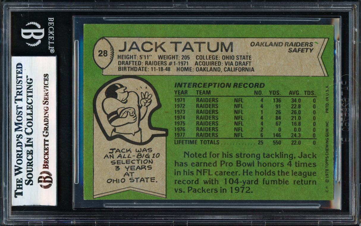 Jack Tatum Autographed 1978 Topps Card #28 Oakland Raiders Beckett BAS #17856535