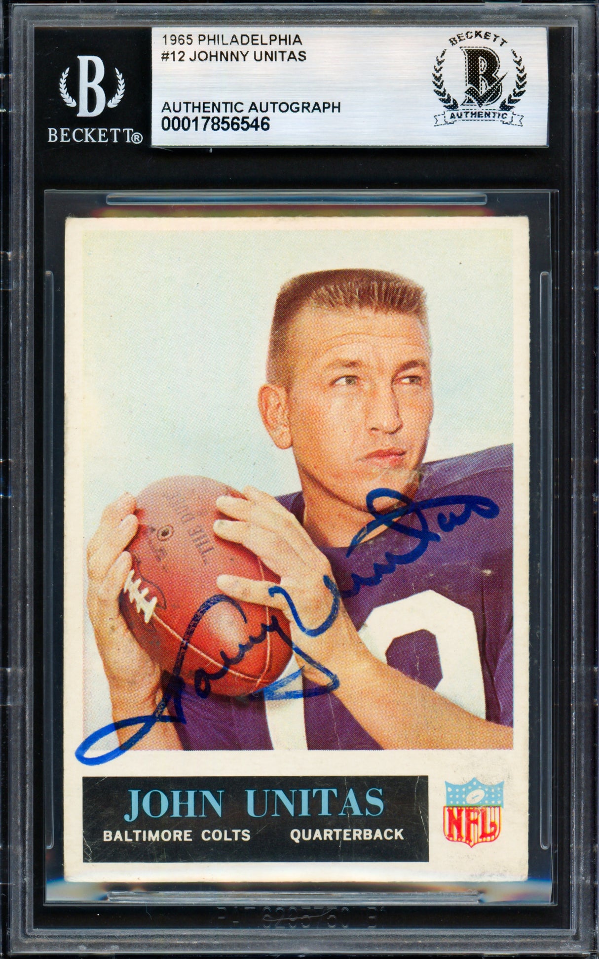Johnny Unitas Autographed 1965 Philadelphia Card #12 Baltimore Colts Beckett BAS #17856546