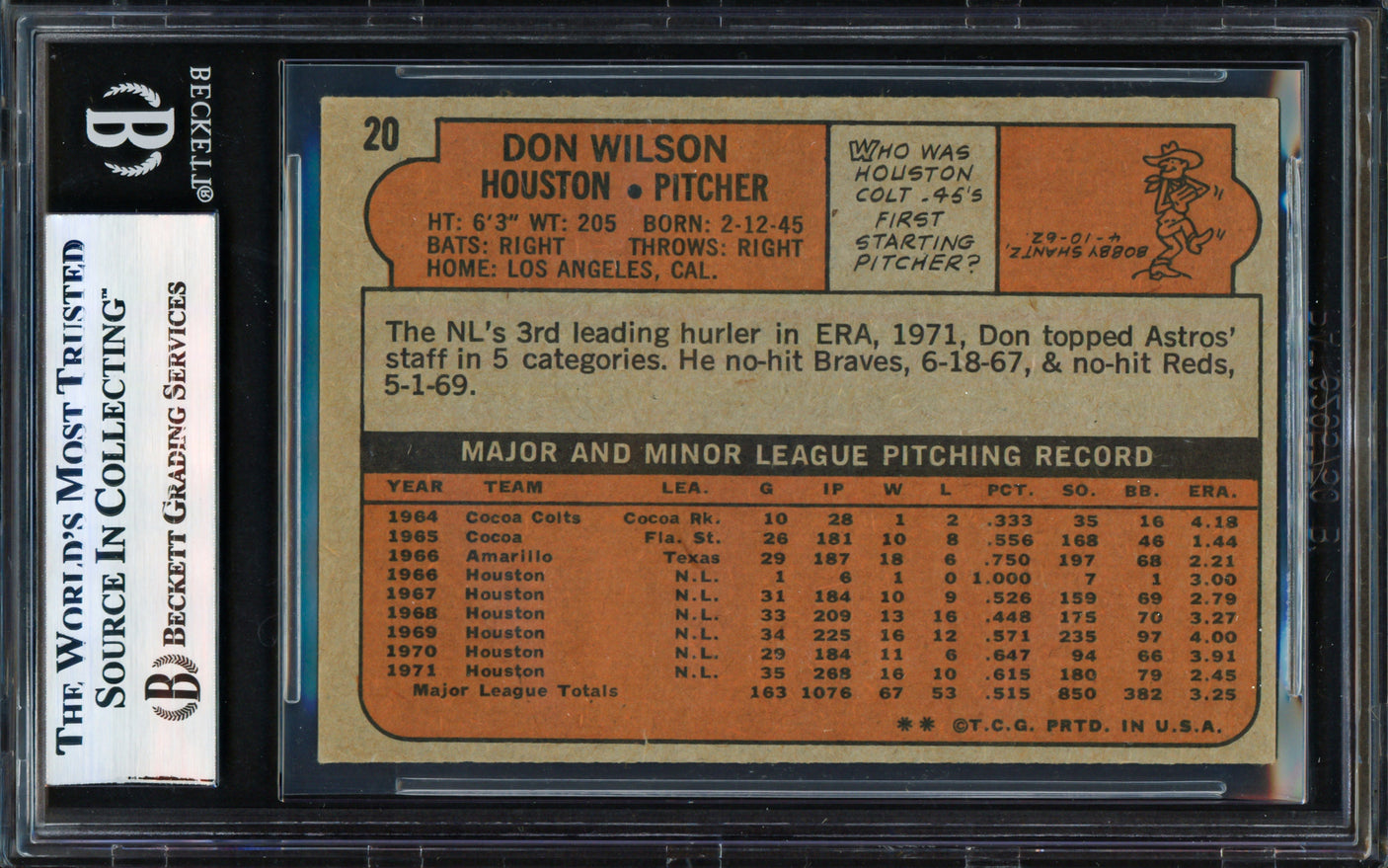 Don Wilson Autographed 1972 Topps Card #20 Houston Astros Beckett BAS #17856551