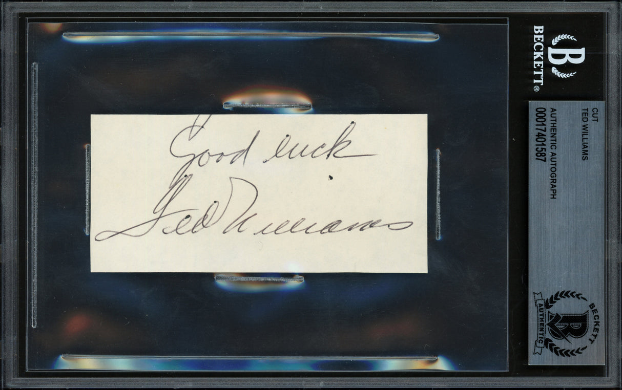 Ted Williams Autographed 2x4 Cut Signature Boston Red Sox "Good Luck" Beckett BAS #17401587