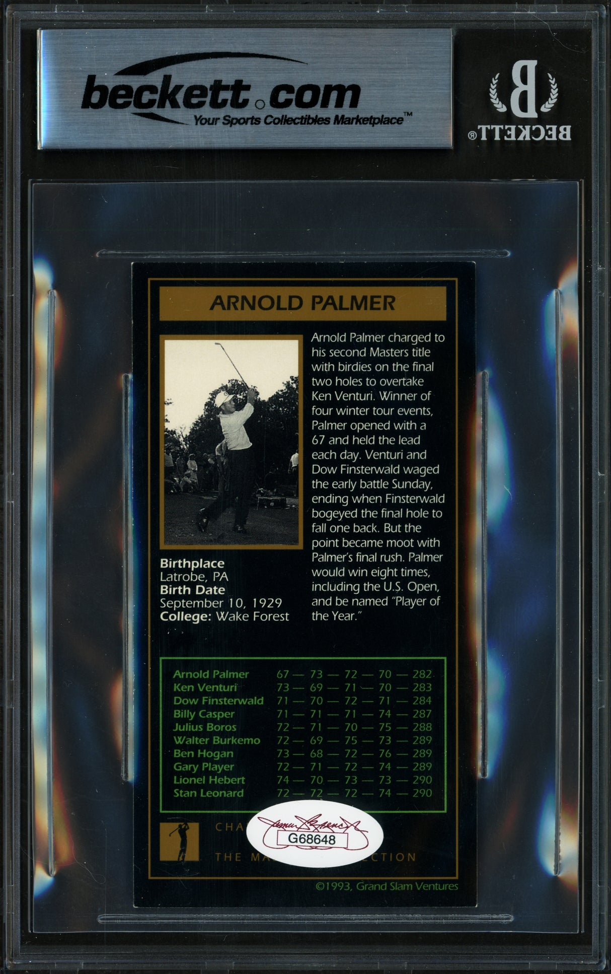 Arnold Palmer Autographed 1993 1993 Grand Slam Ventures Masters Card Auto Grade Gem Mint 10 Beckett BAS #17856659