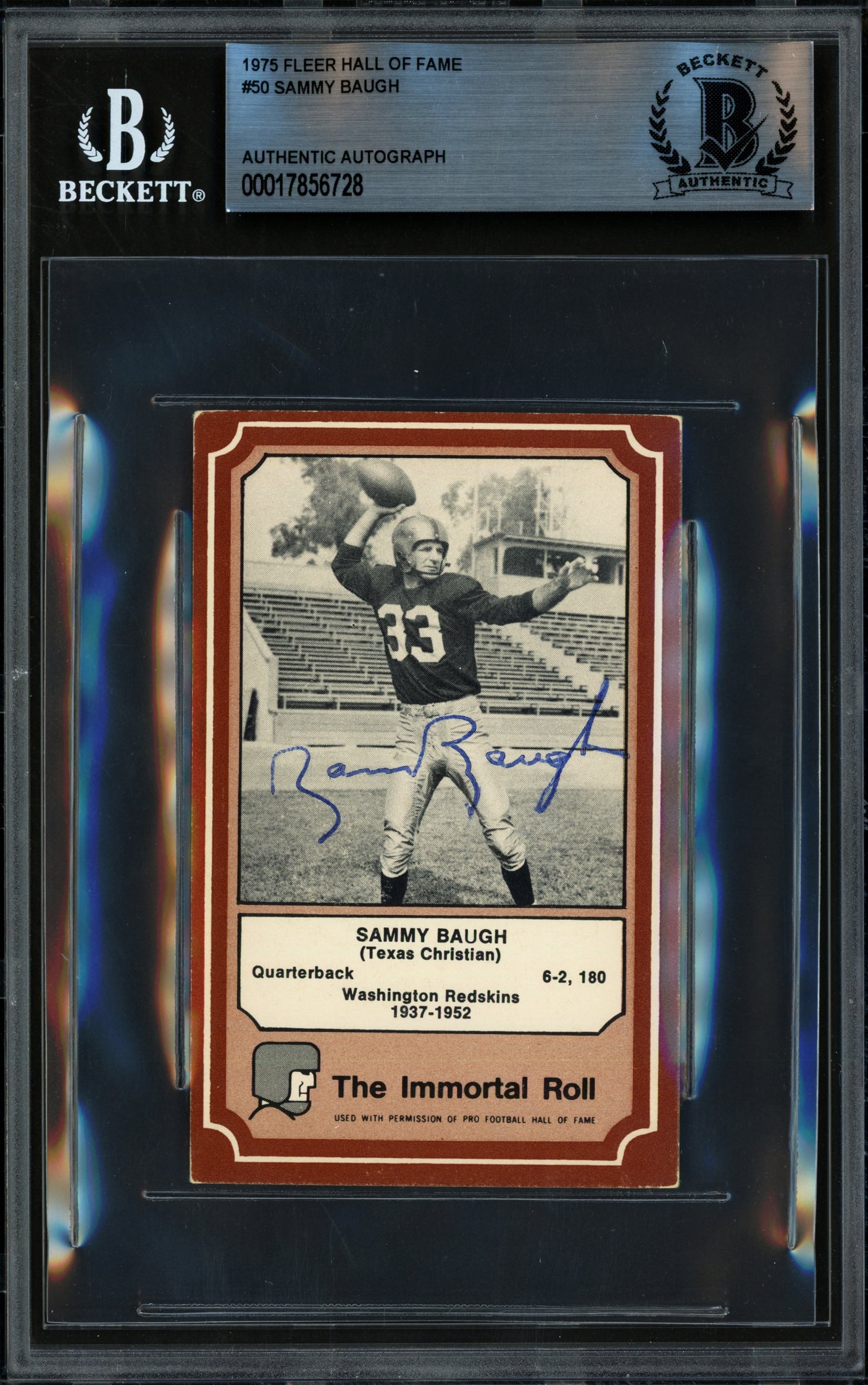 Sammy Baugh Autographed 1975 Fleer Card #50 Washington Redskins Beckett BAS #17856728
