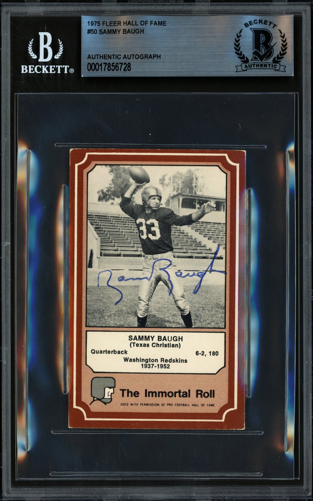 Sammy Baugh Autographed 1975 Fleer Card #50 Washington Redskins Beckett BAS #17856728