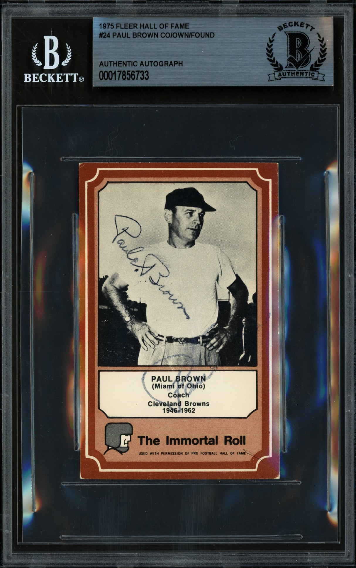 Paul Brown Autographed 1975 Fleer Card #24 Cleveland Browns Beckett BAS #17856733