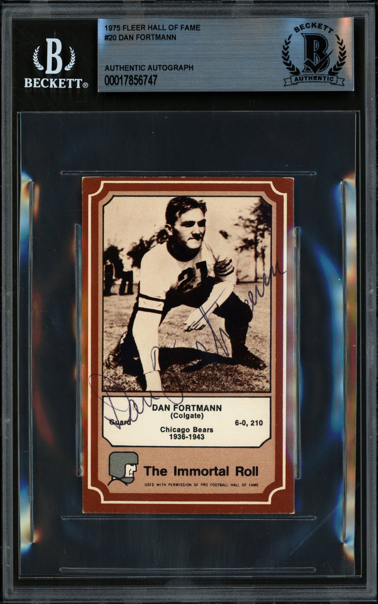Dan Fortmann Autographed 1975 Fleer Card #20 Chicago Bears Beckett BAS #17856747