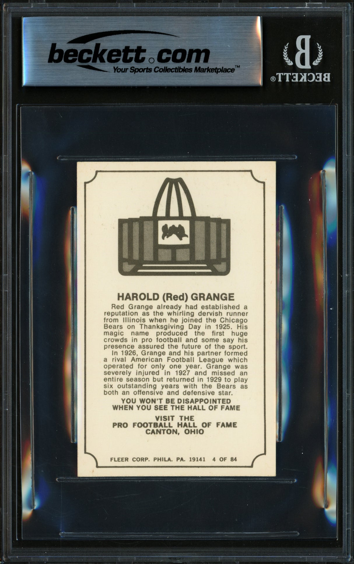 Red Grange Autographed 1975 Fleer Card #4 Chicago Bears Beckett BAS #17856723
