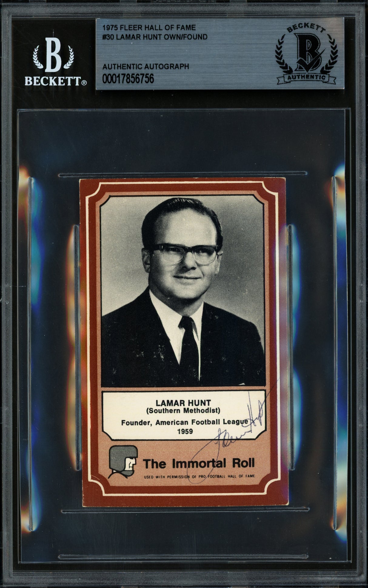 Lamar Hunt Autographed 1975 Fleer Card #30 Kansas City Chiefs Beckett BAS #17856756