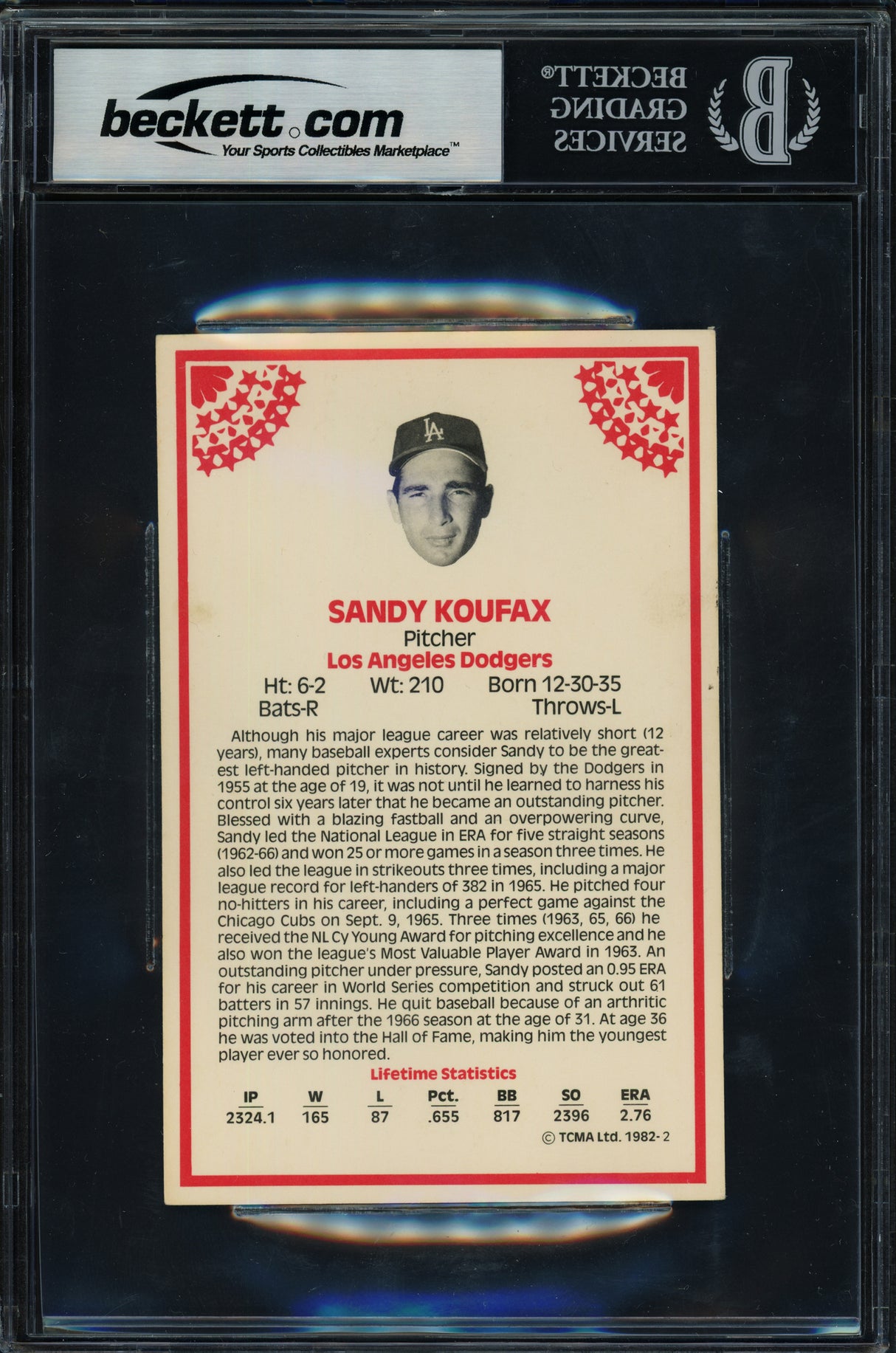 Sandy Koufax Autographed 1982 TCMA Card #2 Los Angeles Dodgers Beckett BAS #17402048