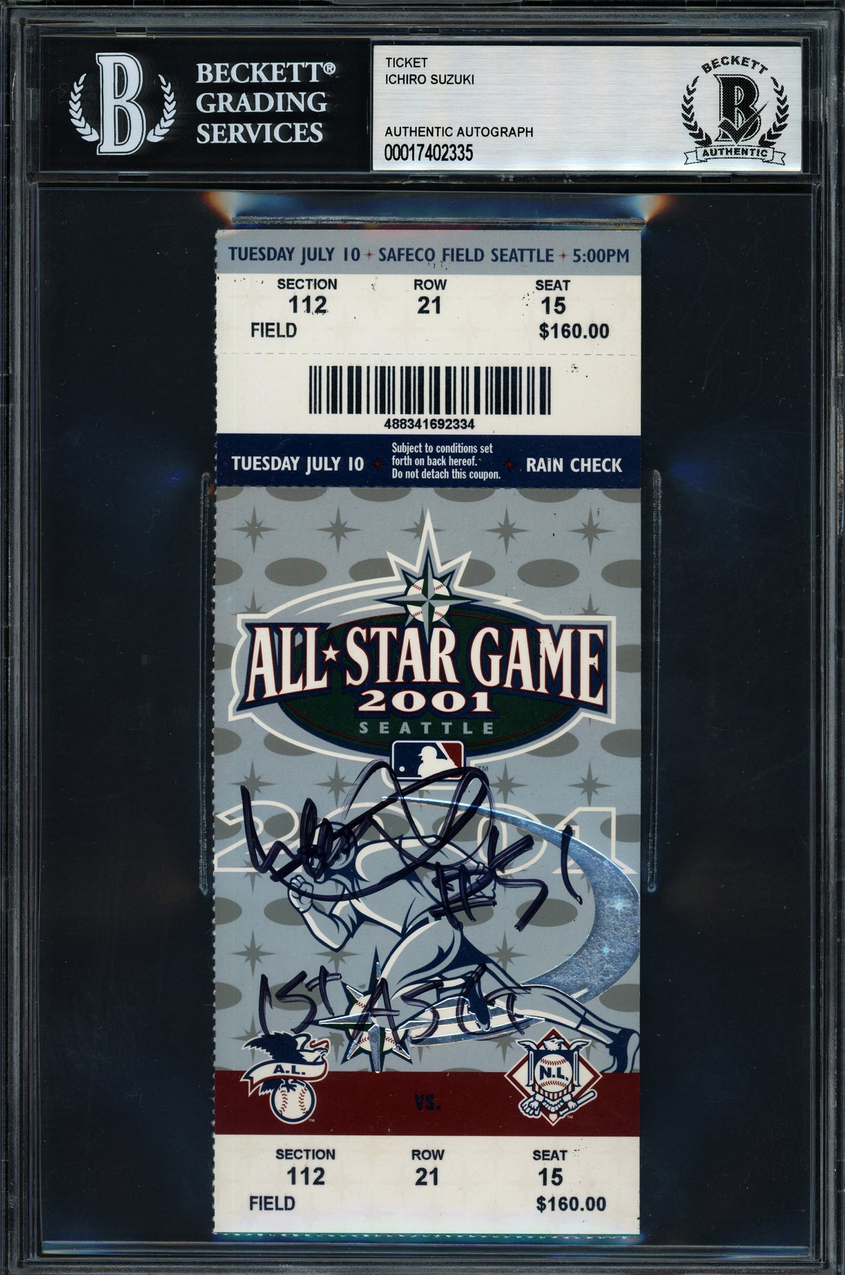 Ichiro Suzuki Autographed 2001 All Star Game Ticket Seattle Mariners "1st ASG" Beckett BAS #17402335