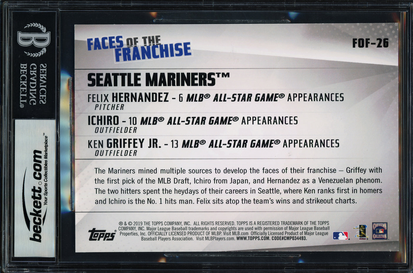 Ken Griffey Jr., Ichiro Suzuki & Felix Hernandez Autographed 2019 Topps Faces of the Franchise Gold 5x7 Card #FOF-26 Seattle Mariners #10/10 Beckett BAS #17402381