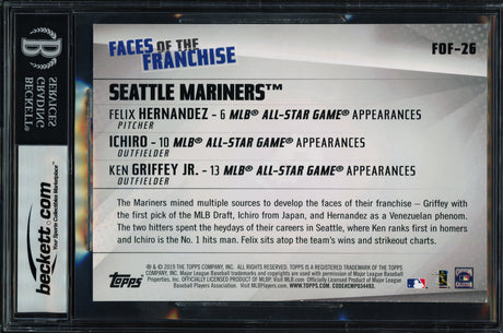 Ken Griffey Jr., Ichiro Suzuki & Felix Hernandez Autographed 2019 Topps Faces of the Franchise 5x7 Card #FOF-26 Seattle Mariners #8/49 Beckett BAS #17401947