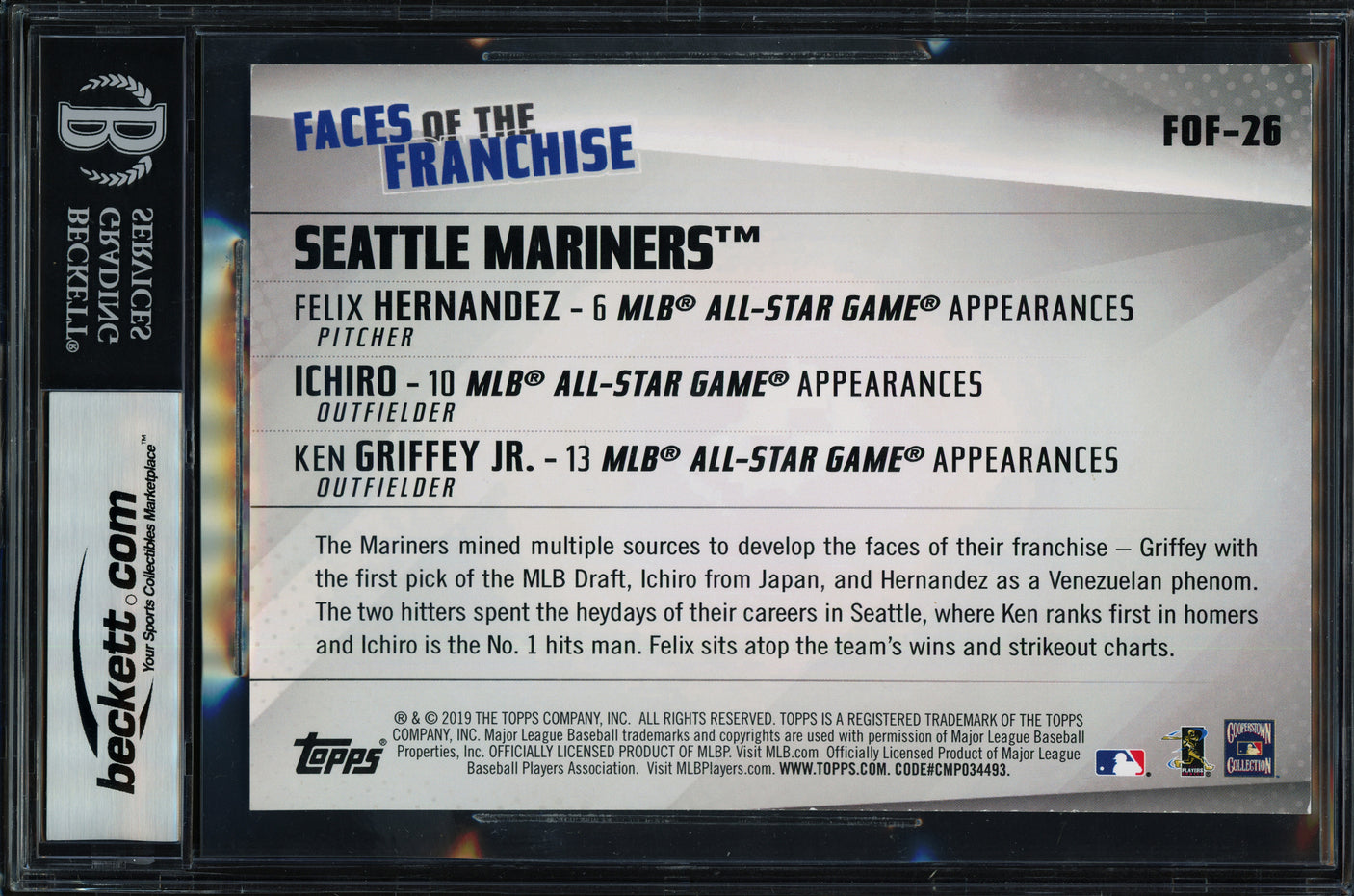 Ken Griffey Jr., Ichiro Suzuki & Felix Hernandez Autographed 2019 Topps Faces of the Franchise 5x7 Card #FOF-26 Seattle Mariners #8/49 Beckett BAS #17401947