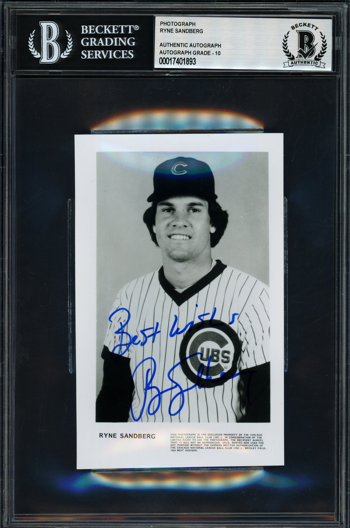 Ryne Sandberg Autographed 3.5x5.5 Photo Chicago Cubs Auto Grade Gem Mint 10 "Best Wishes" Vintage Signature Beckett BAS #17401893