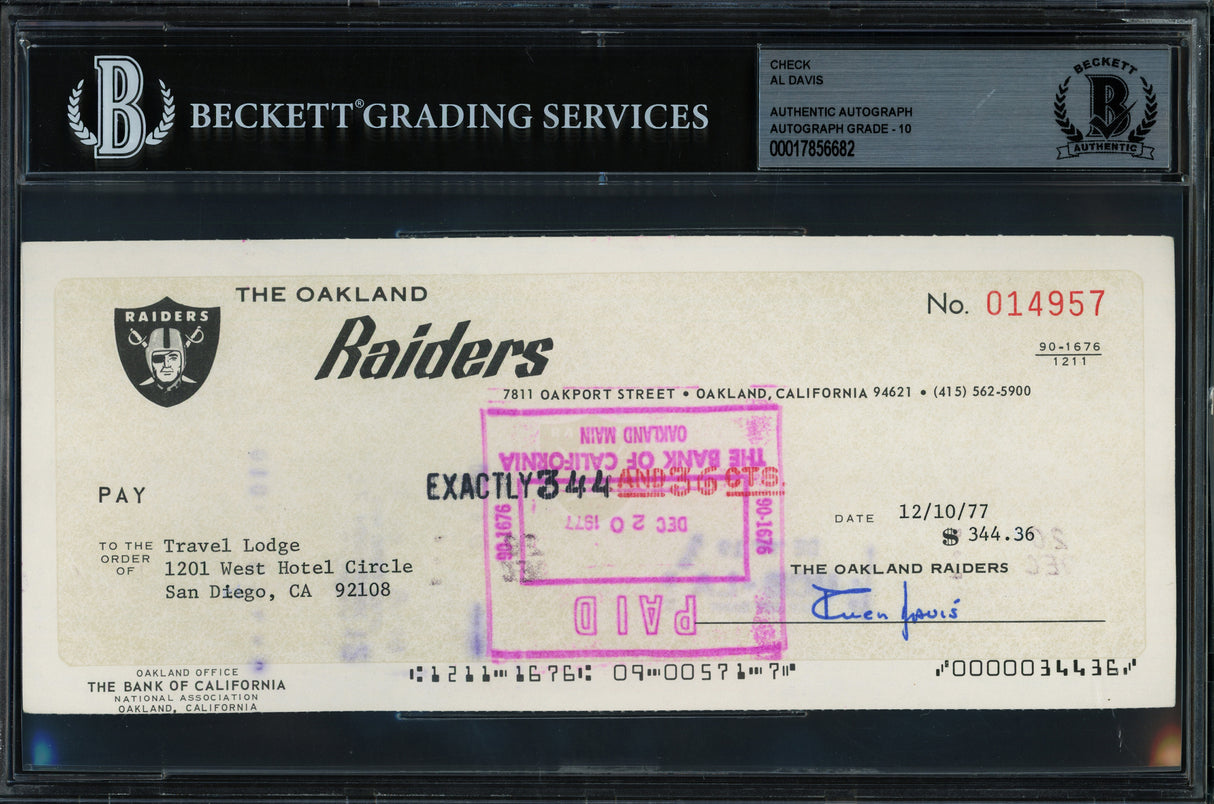 Al Davis Autographed Check Oakland Raiders Auto Grade Gem Mint 10 Beckett BAS #17856682