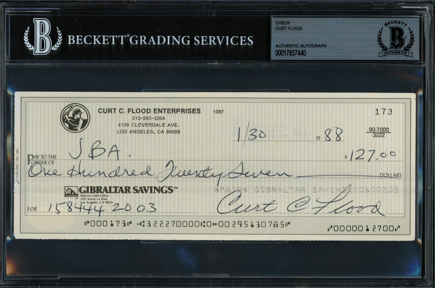 Curt Flood Autographed Check St. Louis Cardinals Beckett BAS #17857440
