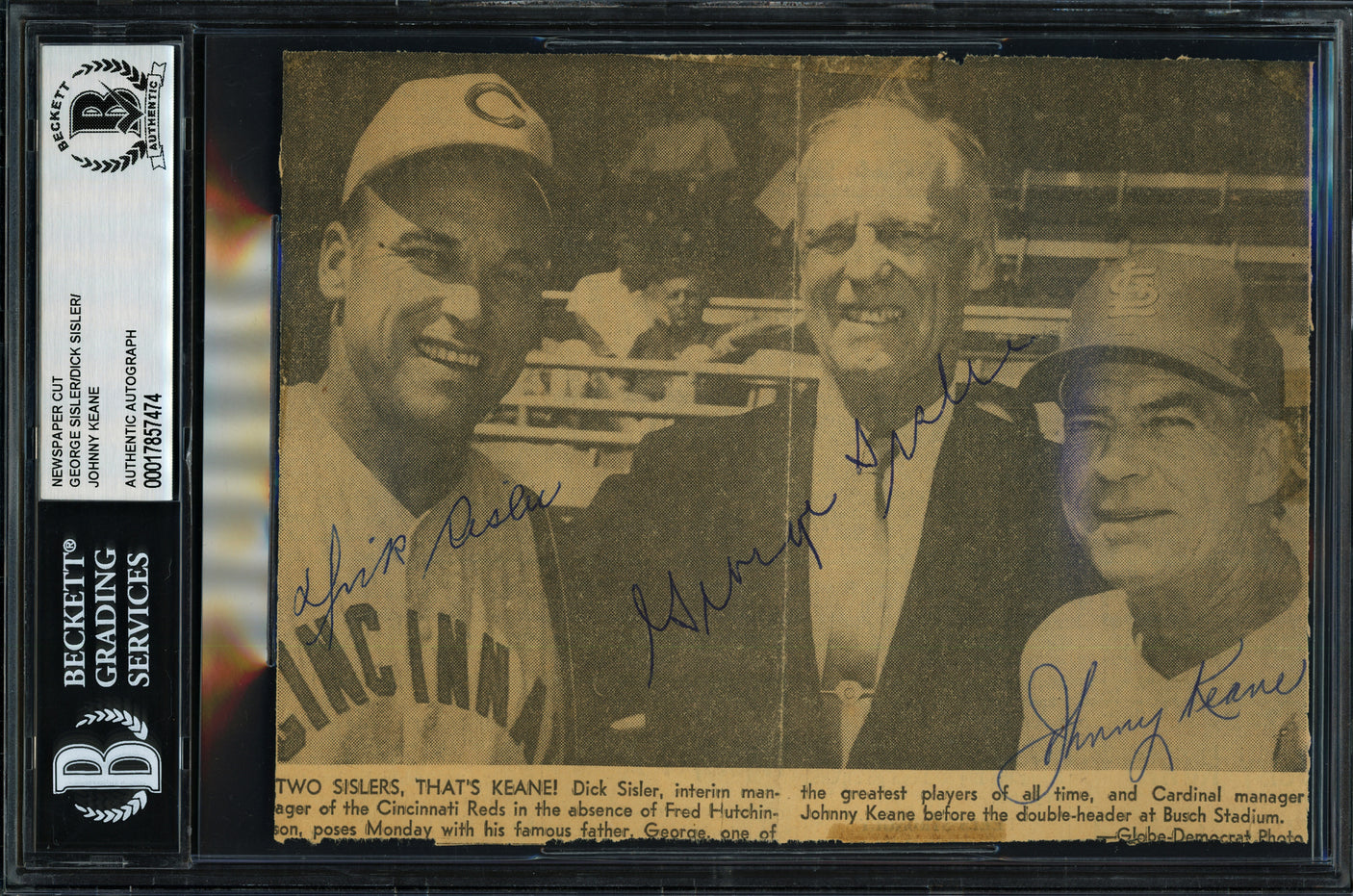 George Sisler, Johnny Keane & Dick Sisler Autographed 5x7 Newspaper Photo Beckett BAS #17857474