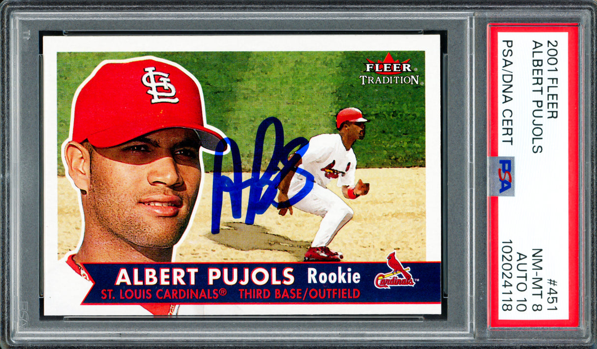 Albert Pujols Autographed 2001 Fleer Rookie Card #451 St. Louis Cardinals PSA 8 Auto Grade Gem Mint 10 PSA/DNA #102024118