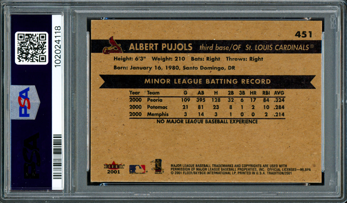 Albert Pujols Autographed 2001 Fleer Rookie Card #451 St. Louis Cardinals PSA 8 Auto Grade Gem Mint 10 PSA/DNA #102024118